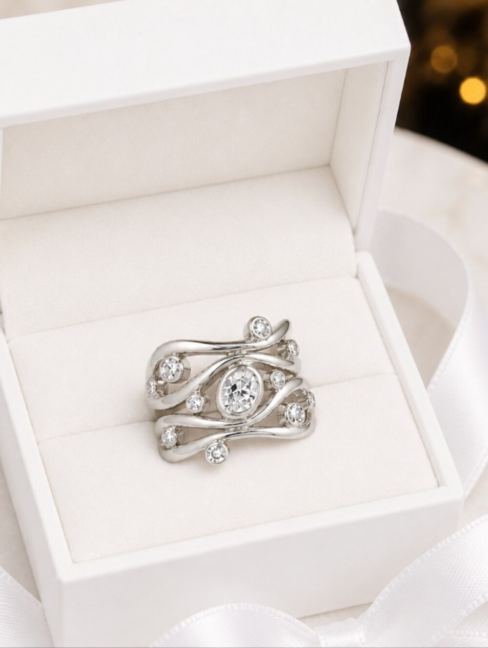 Wide Silver Statement Ring with CZ Stones Size 7